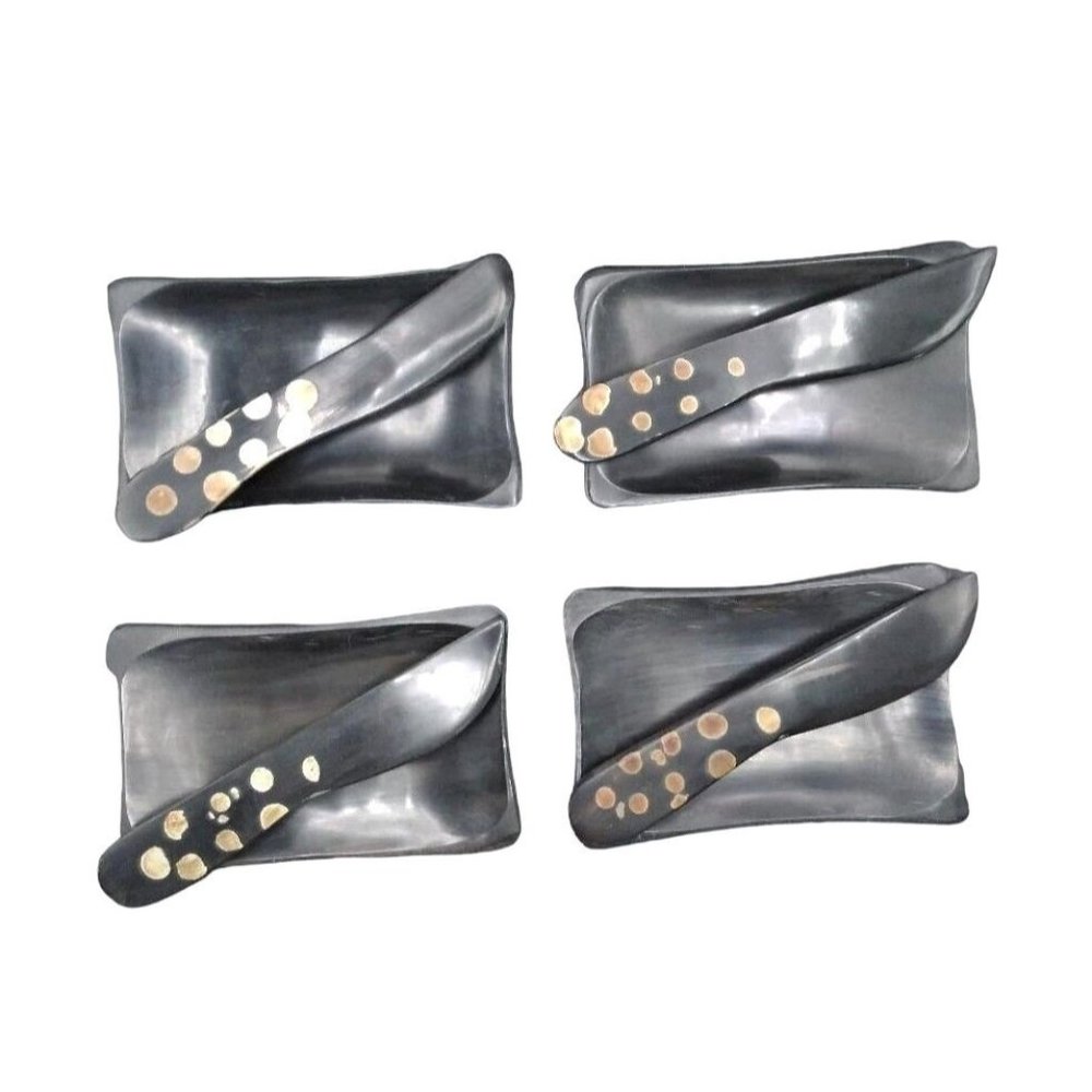 Vintage Genuine Water Buffalo Horn Butter Trays & Wooden Ascent Knives 4pc Set